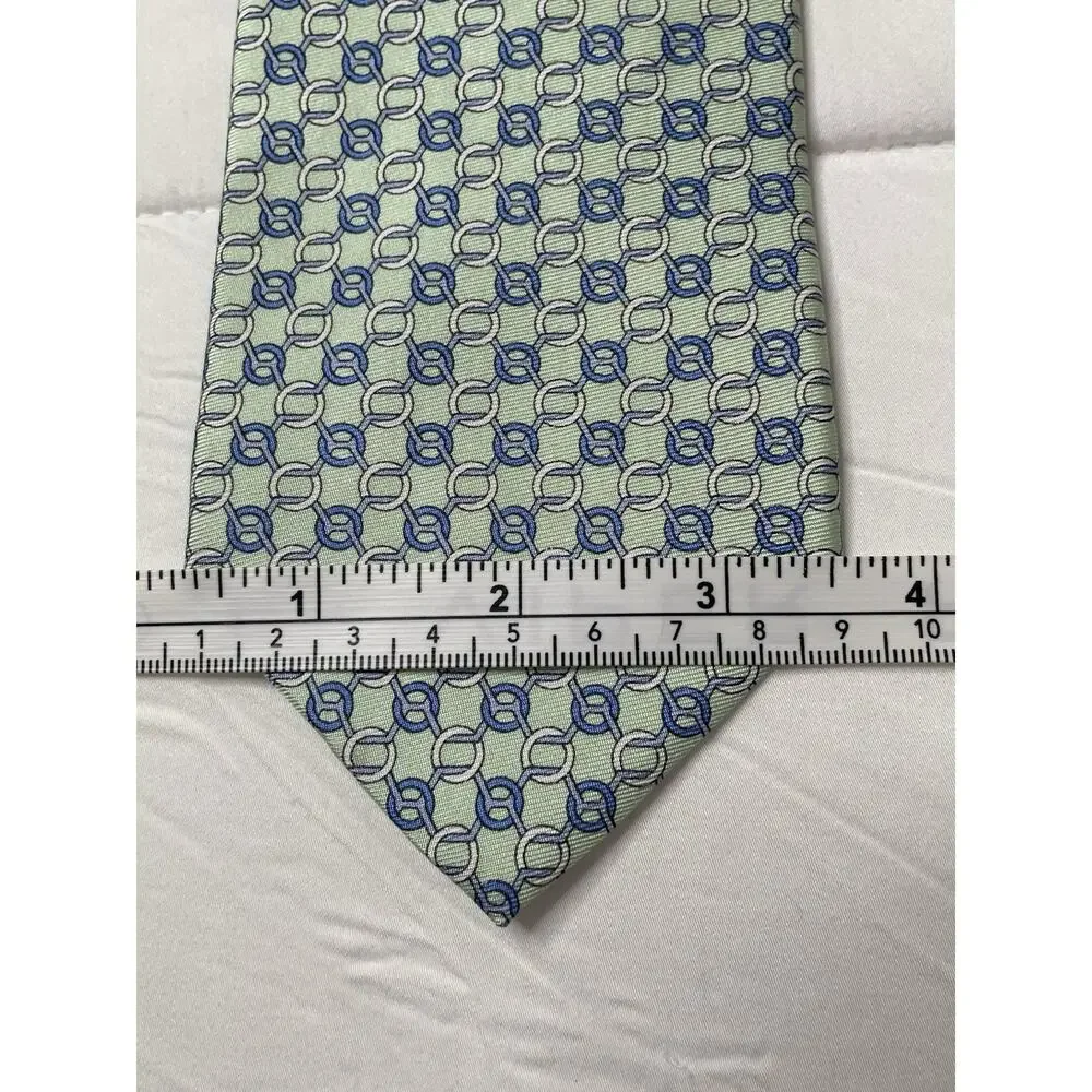 Brooks Brothers 346 Men’s 100% Silk Necktie Green Blue Chain Link Geometric